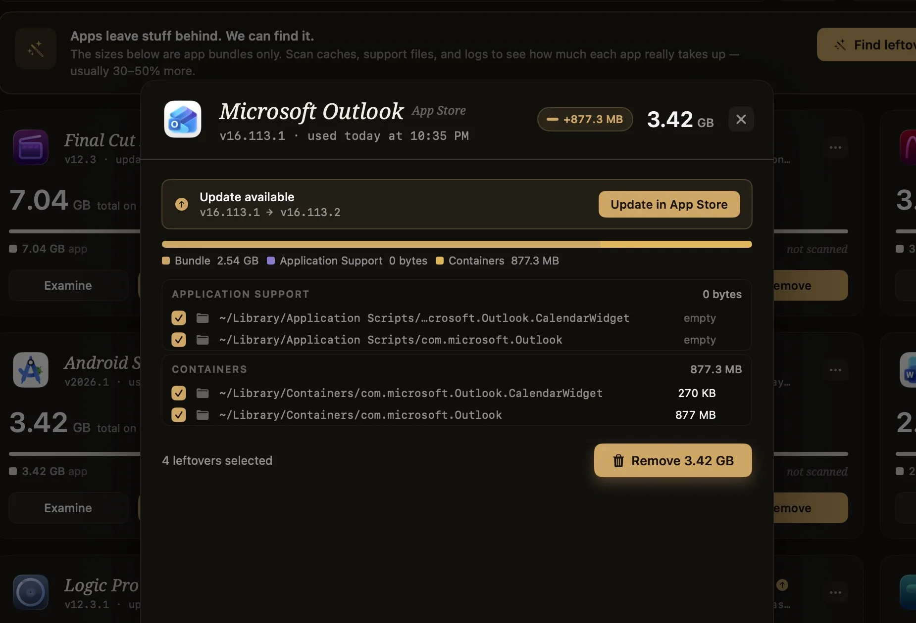 Nix with the Examine panel open for Microsoft Outlook: leftovers grouped under Application Support and Containers, each with its real path and size, Remove 3.42 GB