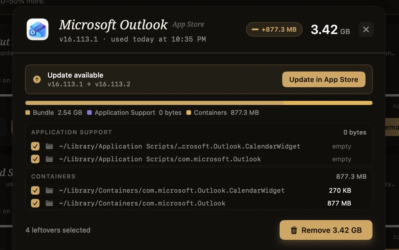 Nix Examine panel for Microsoft Outlook: leftovers grouped by kind with real paths and sizes, Remove 3.42 GB