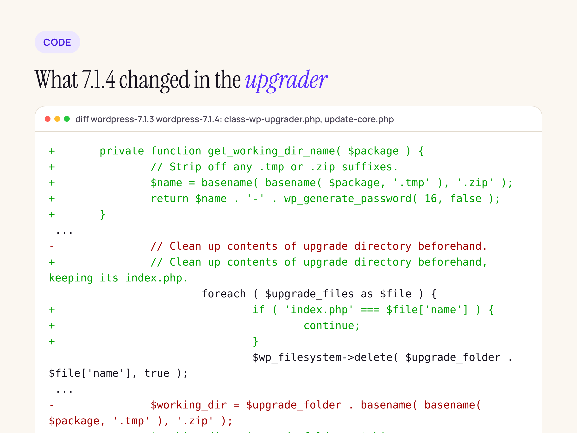 Diff of class-wp-upgrader.php and update-core.php between WordPress 7.1.3 and 7.1.4