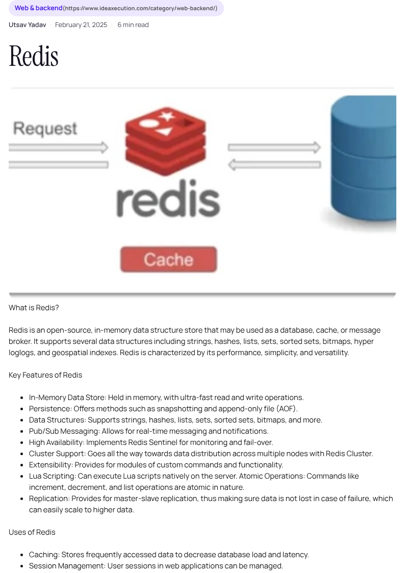 First printed page of the Redis post after the print stylesheet, with chrome removed and the category link URL shown in parentheses