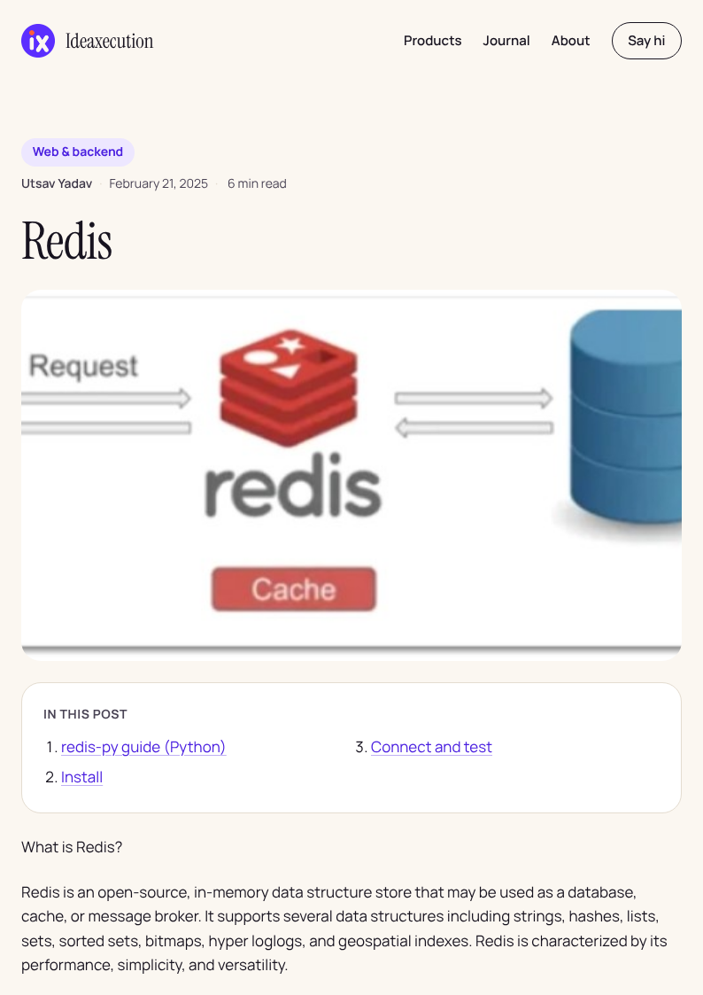 First printed page of the Redis post before the print stylesheet, showing the site header, nav and table-of-contents box