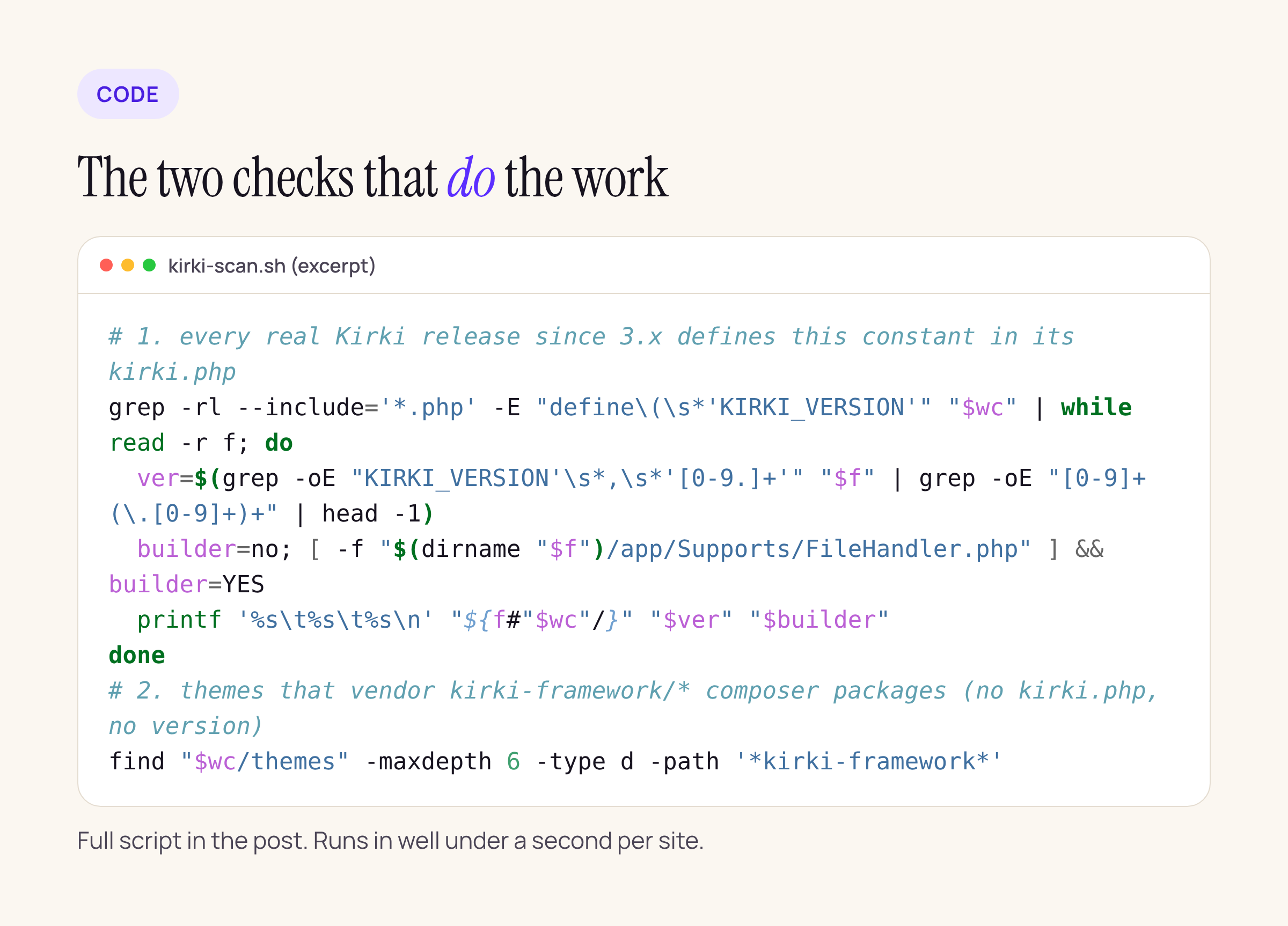 Excerpt of kirki-scan.sh showing the KIRKI_VERSION grep, the FileHandler.php check and the kirki-framework find