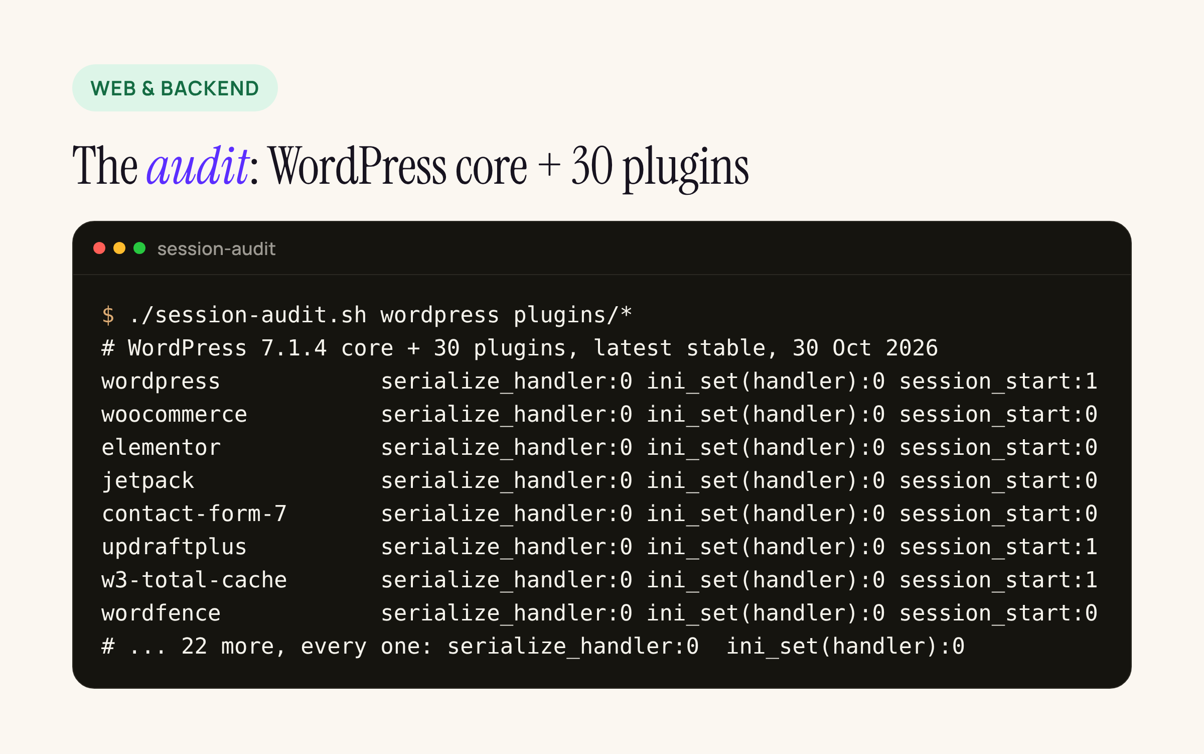 Terminal capture of the session audit across WordPress core and 30 plugins, every count zero for serialize_handler and ini_set