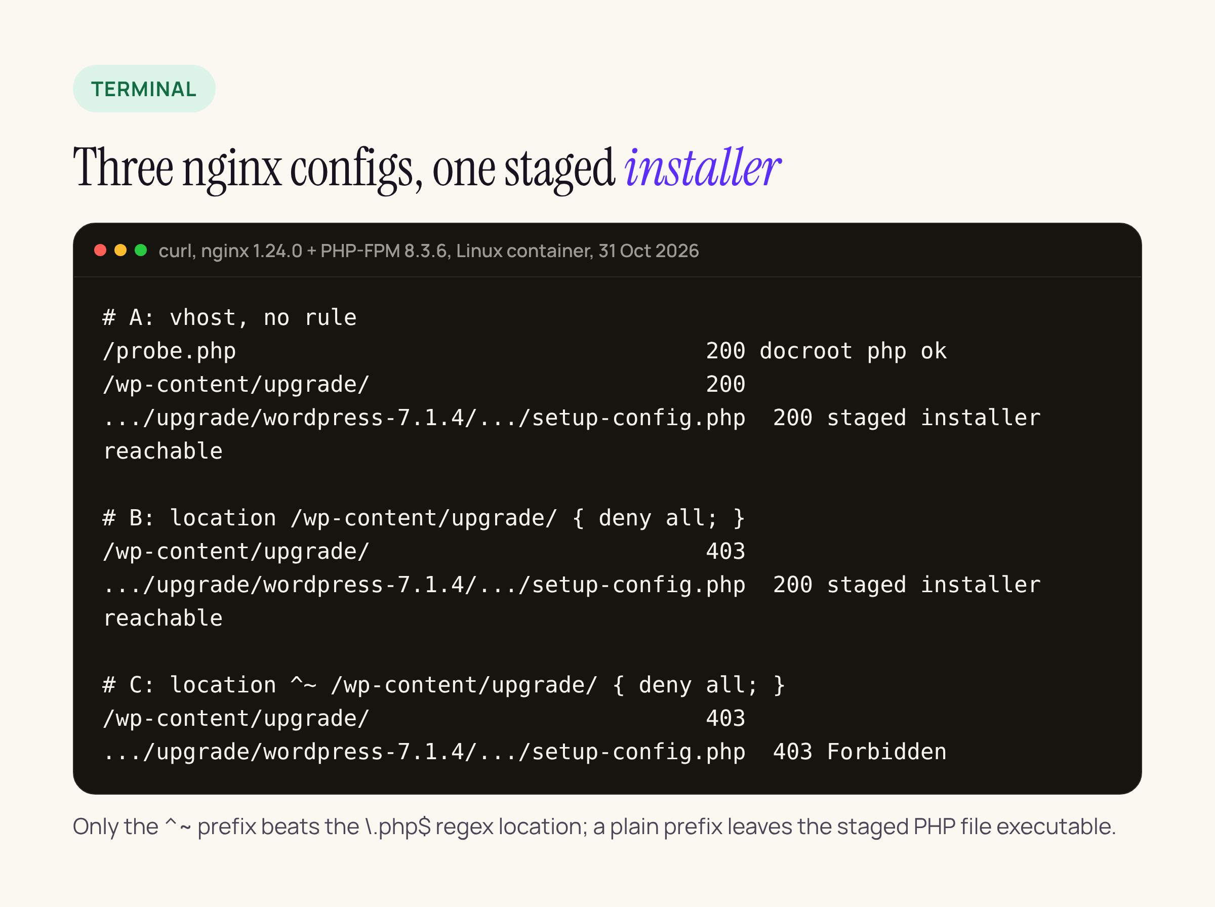 curl results for the three nginx configurations