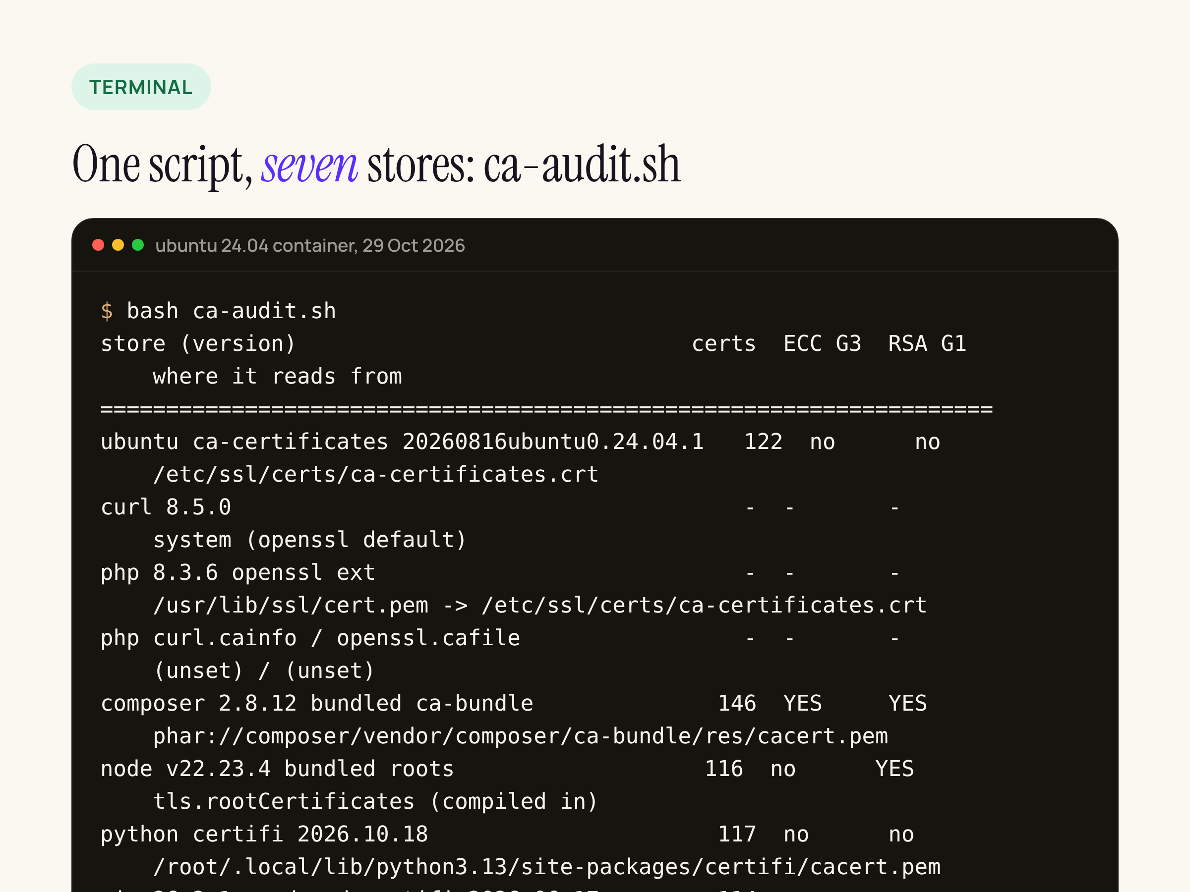 ca-audit.sh output: seven trust stores, their file paths, certificate counts and whether emSign ECC G3 or RSA G1 is present